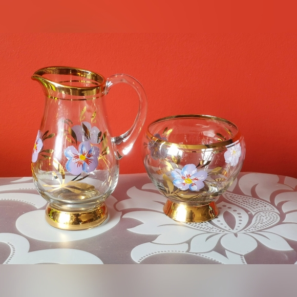 Other - Vintage Hand Painted Glass Creamer & Sugar Bowl Set